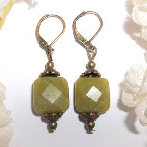 Boho Dangle Earrings Set Sage Green and Bronze Brown Lever Back Dangly Gift 7076